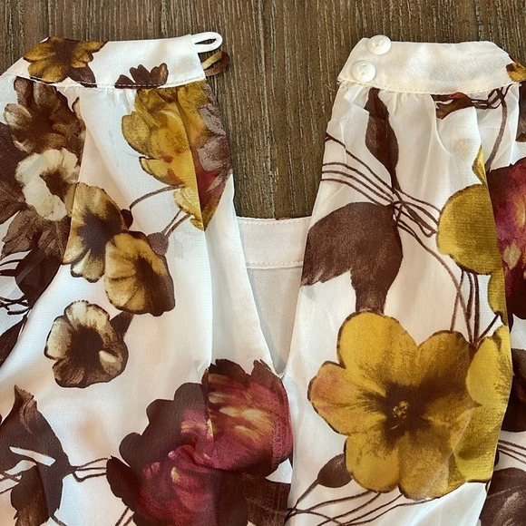 Vintage White Dark Fall Floral Puff Sheer Sleeve Modest Neck Flowy Midi Dress 6 - Picture 11 of 15